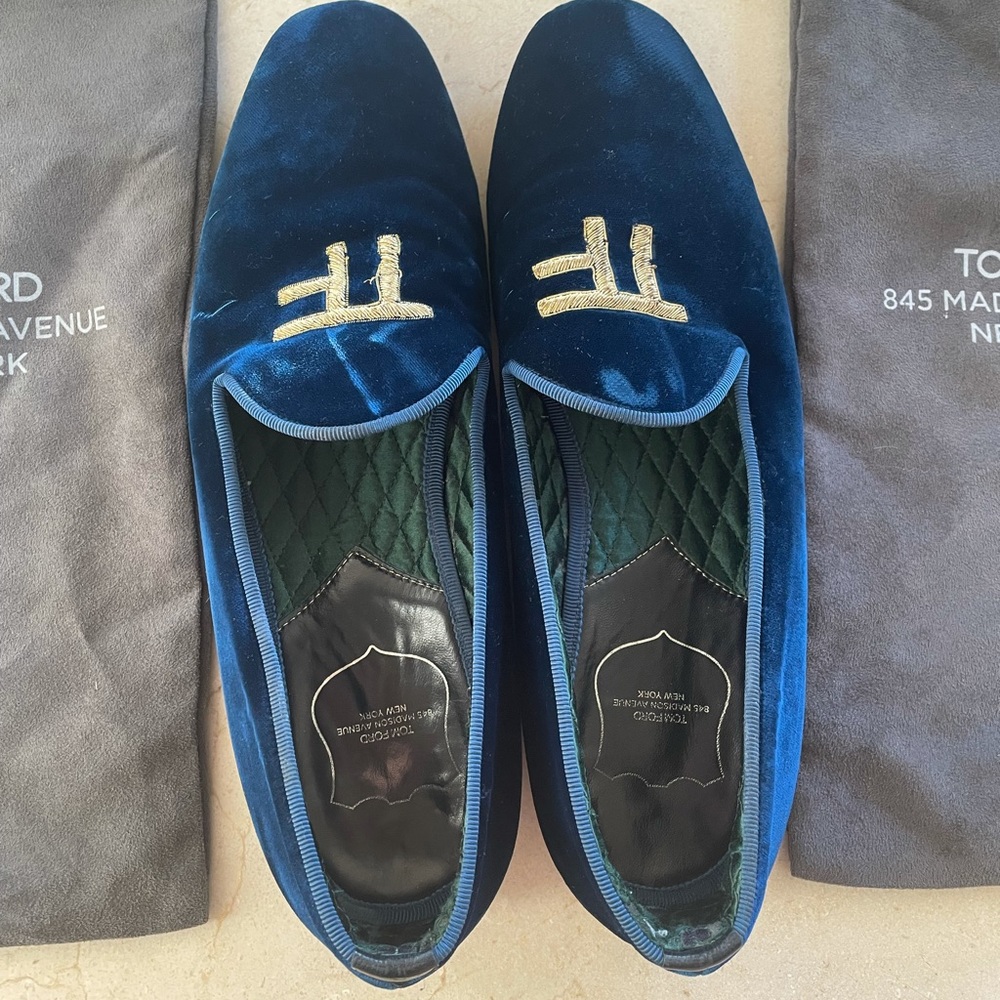 Gorgeous men’s blue Tom Ford velvet loafers. They look even better in person.